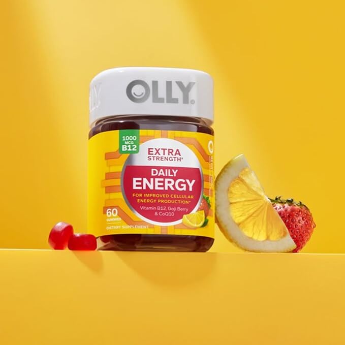 OLLY Extra Strength Daily Energy Gummy, Caffeine Free, 1000mcg Vitamin B12, CoQ10, Goji Berry, Adult Chewable Supplement, Berry Yuzu Flavor - 60 Count