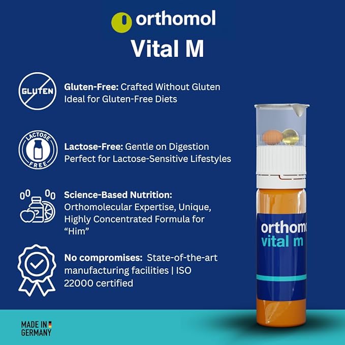 Orthomol Vital M Vial – 30-Day Men's Vitamin Supplement with A, B, C, D, E, K, Iodine & Omega-3 – Supports Male Energy & Vitality