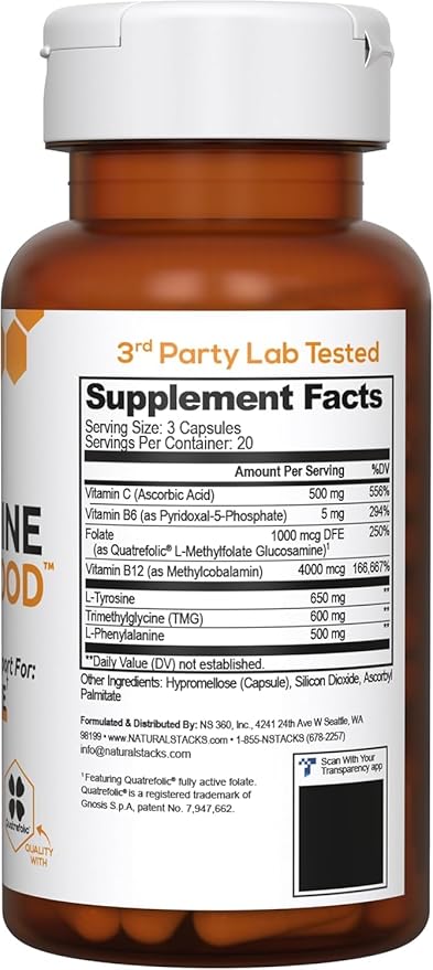 NATURAL STACKS Dopamine Focus Supplement w/L-Tyrosine - Promotes Mental Drive, Clarity & Focus - Dopamine Brain Food Supplement - Supports Mental Energy - 120 Capsules