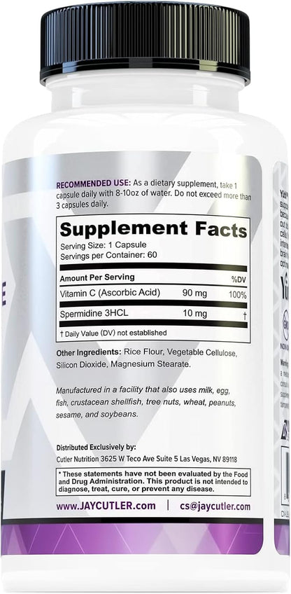 Cutler Nutrition Advanced High Absorption Spermidine Supplement 99% Standardized Spermidine Supplement for Men & Women for Enhanced Longevity Heart Health Telomere and Brain Support (60 Servings)