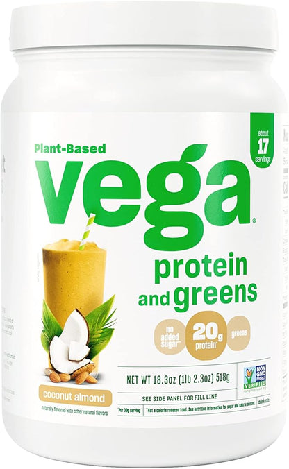 Vega Protein and Greens Protein Powder, Coconut Almond - 20g Plant Based Protein Plus Veggies, Vegan, Non GMO, Pea Protein for Women and Men, 1.1 lbs (Packaging May Vary)