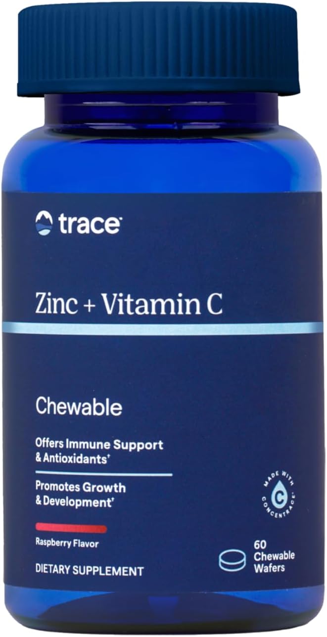 Trace Minerals Zinc Plus Vitamin C - Chewable Multivitamin for Enzyme Function & Healthy Growth Support - Vitamin & Mineral Supplement for Immune Health - Raspberry, 60 Chewable Wafers (60 Servings)