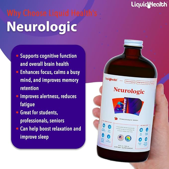 LIQUIDHEALTH 32 Oz Liquid Neurologic Focus Supplement, Nootropic for Cognitive Function, Brain Supplement for Memory & Focus, Brain Booster, Ginkgo Biloba, Choline, L-Theanine (3 Pack)