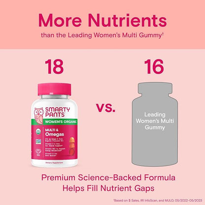 SmartyPants Organic Women's Multivitamin Gummies: Biotin, Methylfolate, Omega 3 (ALA), Vitamin D3, C, Vitamin B12, B6, Vitamin A, K & Zinc, Gluten Free, Vegetarian, 120 Count (30 Day Supply)