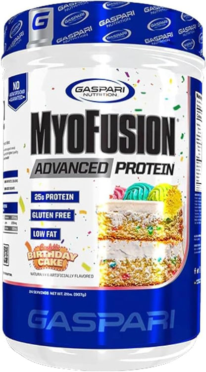 Gaspari Nutrition Myofusion Advanced Protein, Protein Blend with Whey Protein, Casein Protein and Isolate Protein, Low Fat and Gluten Free (Birthday Cake, 4 Pound)