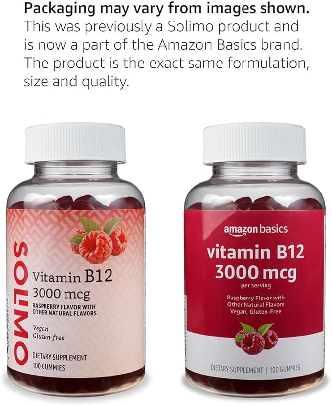Amazon Basics Vitamin B12 3000 mcg Gummies, Normal Energy Production and Metabolism, Immune System Support, Raspberry, 100 Count (2 per serving) (Previously Solimo)