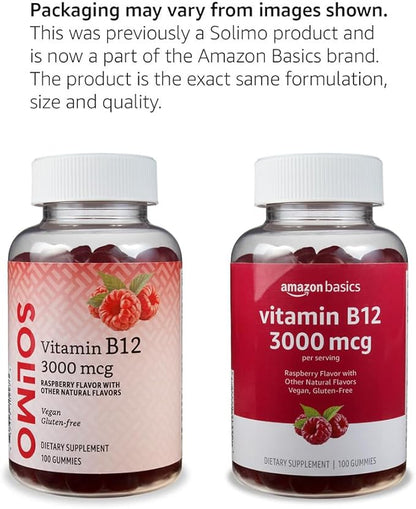 Amazon Basics Vitamin B12 3000 mcg Gummies, Normal Energy Production and Metabolism, Immune System Support, Raspberry, 100 Count (2 per serving) (Previously Solimo)