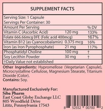 Liposomal Iron Supplements by Siba Pharm | Ferrosom Dietry Iron Vitamins Supplement | Rich in Vitamin C, B12, Folic Acid| Non GMO, Vegan, Premium Quality| Helps New Blood Cell Production | 30 Capsules