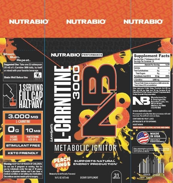 NutraBio – L-Carnitine Liquid Shots – 3000mg, (Peach Rings) – 10mg of Vitamin B-5 – Zero Carbs & Sugars – Energy Production – Muscle Recovery