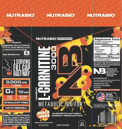 NutraBio – L-Carnitine Liquid Shots – 3000mg, (Peach Rings) – 10mg of Vitamin B-5 – Zero Carbs & Sugars – Energy Production – Muscle Recovery