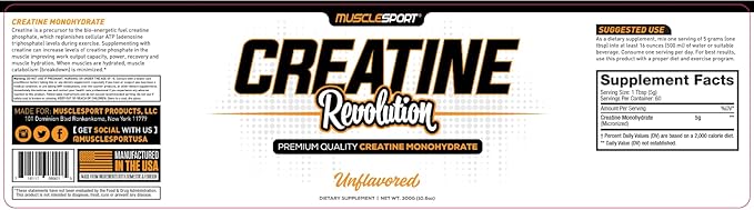 Musclesport Creatine Monohydrate Powder - Micronized Creatine Monohydrate - Energy, Strength & Endurance - 300g, Unflavored