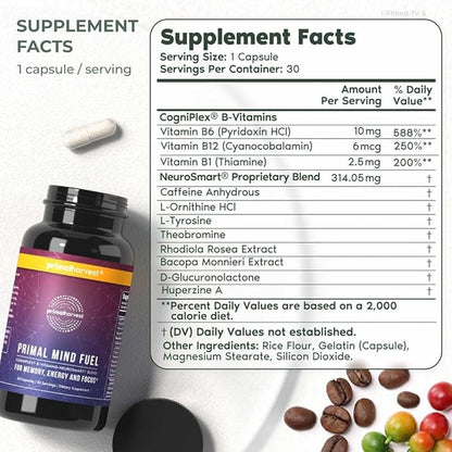 Brain Supplement by Primal Harvest, Primal Mind Fuel Brain Booster for Focus, Energy, Clarity, and Brain Health 30 Capsules Nootropics Brain Support Supplement for Men and Women