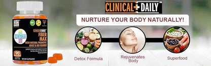 CLINICAL DAILY Fiber Max, Vegan High Fiber Gummies for Adults & Kids. Constipation Relief for Adults and Kids. Prebiotic Inulin Fiber Supplement Gummies. 90 Gluten-Free Laxative Gummies for Gut Repair