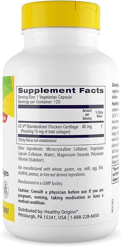 Healthy Origins UC-II, 40 mg - Premium Collagen Supplement for Joint Health, Mobility & Flexibility - Undenatured Type II Collagen - Gluten-Free & Non-GMO Supplement - 120 Veggie Caps