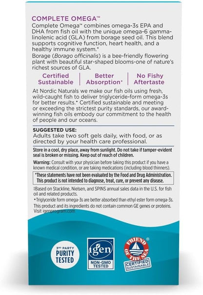 Nordic Naturals Complete Omega, Lemon Flavor - 180 Soft Gels - 565 mg Omega-3 - EPA & DHA with Added GLA - Healthy Skin & Joints, Cognition, Positive Mood - Non-GMO - 90 Servings