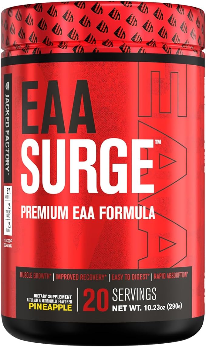 Jacked Factory EAA Surge Essential Amino Acids Powder - EAAS & BCAA Intra Workout Supplement w/L-Citrulline, Taurine, & More for Muscle Building, Strength, Endurance, Recovery - Pineapple, 20sv