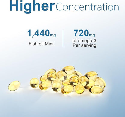 Fish-Oil Omega3-Fatty Acids-Supplement Small-Softgels - 180Count 1440mg for Healthy Heart Brain Eyes Support High EPA DHA Easy to Swallow