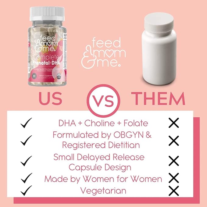 Feed Mom & Me Prenatal Vitamin + DHA, 22 Vitamins & Minerals for Baby’s Development & Mom Nourishment: Folate, Selenium, Iron, Choline, Vitamin C, D3, Calcium, Gluten & Soy Free, NON-GMO 30 Day Supply