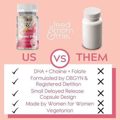 Feed Mom & Me Prenatal Vitamin + DHA, 22 Vitamins & Minerals for Baby’s Development & Mom Nourishment: Folate, Selenium, Iron, Choline, Vitamin C, D3, Calcium, Gluten & Soy Free, NON-GMO 30 Day Supply
