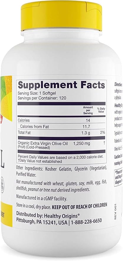 Healthy Origins Olive Oil, 1250 mg - Heart Health Supplement with Organic Cold-Pressed Extra Virgin Olive Oil - Gluten-Free Supplements for Men & Women - 120 Softgels