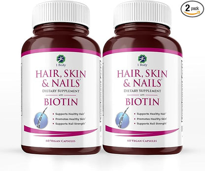 Hair, Skin and Nails Vitamin Supplement with Biotin, 2 Bottle Pack, Growth Formula for Men and Women