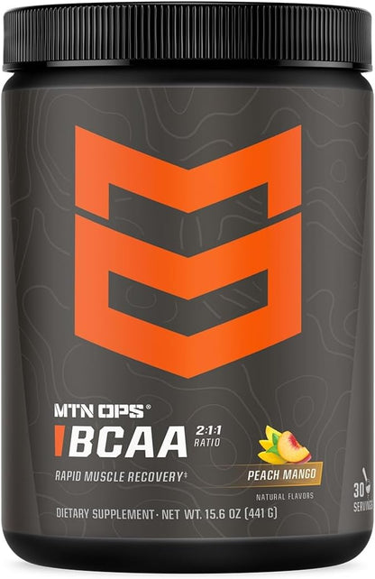 MTN OPS BCAA 2:1:1 Amino Acids Supplement Powder for Rapid Muscle Recovery & Repair with Zero Sugar & Gluten Free (30-Serving Tub, Peach Mango)
