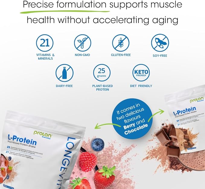 ProLon Longevity Plant Based Protein Powder | Muscle Synthesis & Repair, Healthy Aging, Boost Performance | Vitamins, Gluten Free, Amino Acids, Antioxidants | 25g of Protein | Berry, 24 Packets