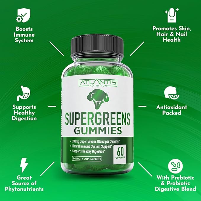 Supergreens Gummies - Daily Green Superfoods Supplement with Spinach, Broccoli, Moringa, Beet Root, Celery, Green Tea, & Acai for Immunity Support - Natural Raspberry Flavor, 60 Supergreen Gummies