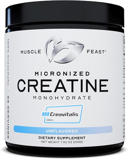 Muscle Feast Creavitalis Micronized Creatine Monohydrate Powder | Premium Pre-Workout or Post-Workout | Easy to Mix, Gluten-Free, Safe and Pure, Kosher Certified, Unflavored, 200g