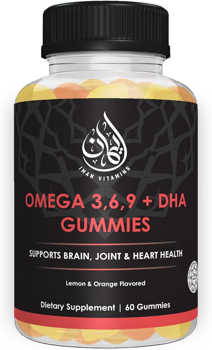 Halal Omega 3 6 9 + DHA Gummies for Adults | Supports Eyes, Brain, Immune & Heart Health | Vegetarian & Gluten Free| Vitamin C, Essential Fatty Acids & Plant-Based | 60 Count