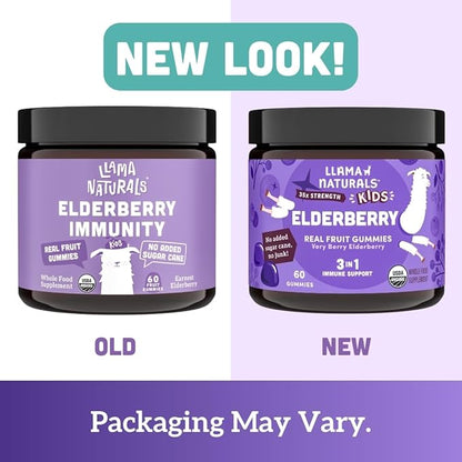 Llama Naturals Real Fruit Sambucus Elderberry Gummies for Kids, No Added Sugar Cane, Vegan, Organic Toddler Immune Support, Zinc & Vitamin C Children 120 Count (2-4 Month Supply)