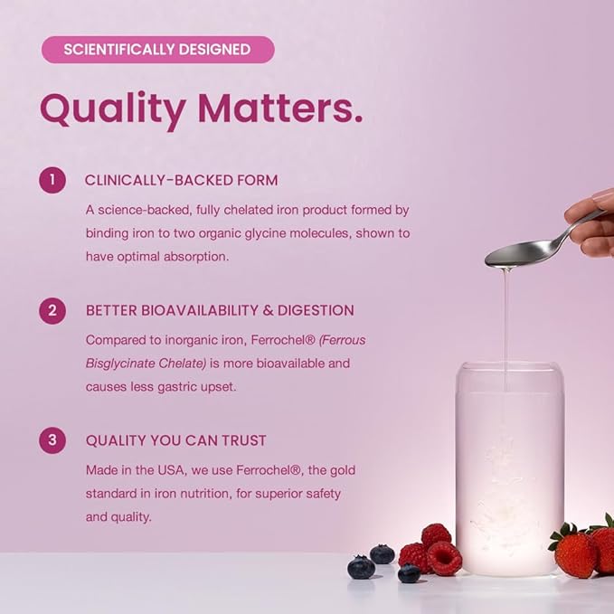 Liquid Iron Supplement for Women, Men & Kids | Non Constipating Vegan Iron Supplements for Anemia, Healthy Blood, Prenatal & Postnatal | Sugar-Free Natural Berry Flavor, Ferrochel® & Vitamin C