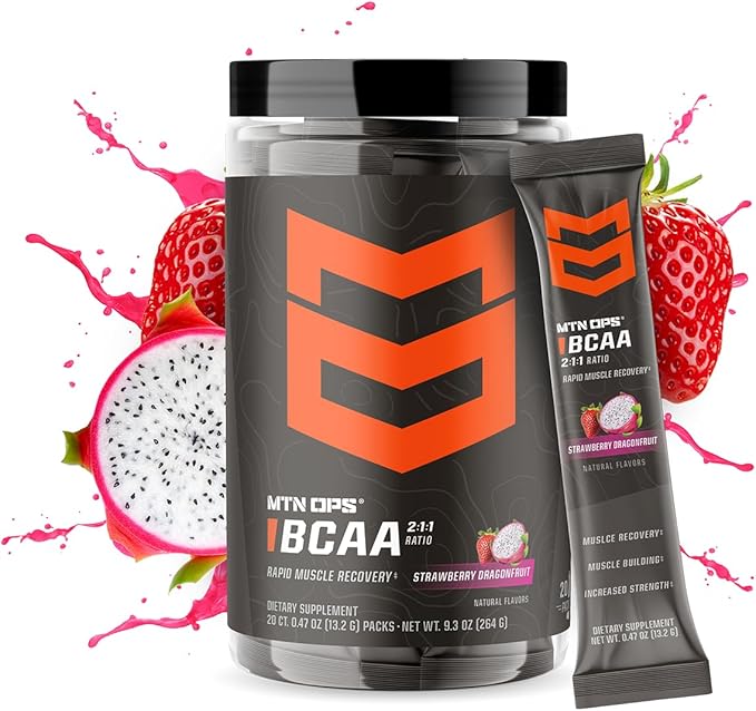 MTN OPS BCAA 2:1:1 Amino Acids Supplement Powder for Rapid Muscle Recovery & Repair with Zero Sugar & Gluten Free, 30 Servings (Strawberry Dragonfruit Trail Packs)