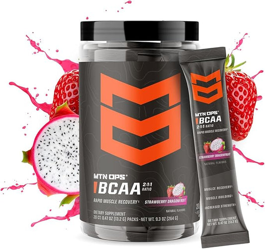 MTN OPS BCAA 2:1:1 Amino Acids Supplement Powder for Rapid Muscle Recovery & Repair with Zero Sugar & Gluten Free, 30 Servings (Strawberry Dragonfruit Trail Packs)