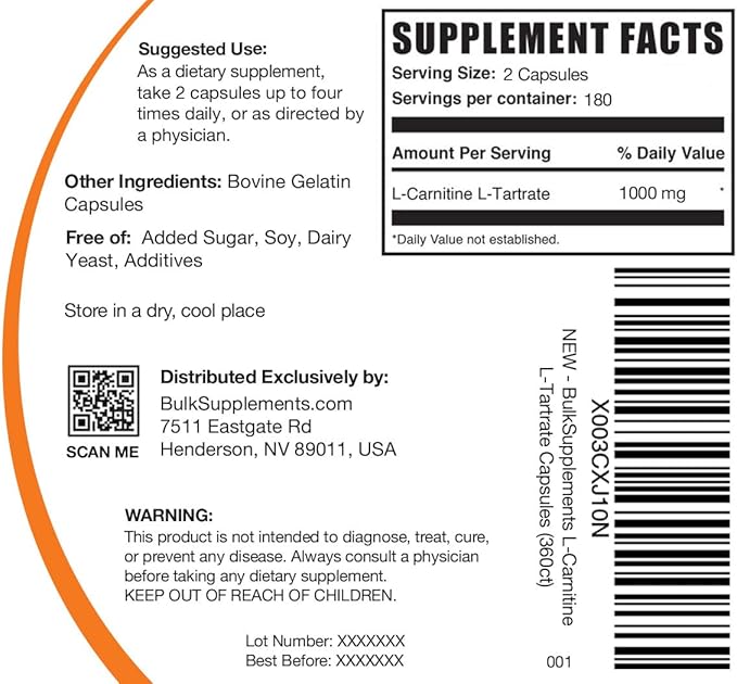 BulkSupplements.com L-Carnitine L-Tartrate Capsules - Carnitine Supplement, L Carnitine 1000mg Capsules - L-Carnitine Tartrate, Gluten Free - 2 Capsules per Serving, 360 Capsules (Pack of 1)