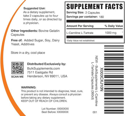 BulkSupplements.com L-Carnitine L-Tartrate Capsules - Carnitine Supplement, L Carnitine 1000mg Capsules - L-Carnitine Tartrate, Gluten Free - 2 Capsules per Serving, 360 Capsules (Pack of 1)