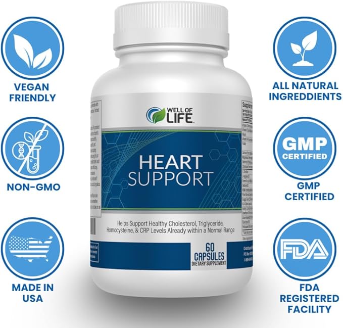 Well of Life Heart Restore: 60 Veg Capsules Helps Healthy Cholesterol, Triglyceride, Homocysteine & CRP Levels Within Normal Range : Made in USA, GMP Certified, Non-GMO