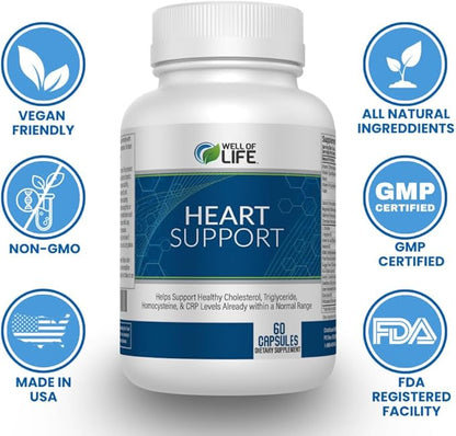 Well of Life Heart Restore: 60 Veg Capsules Helps Healthy Cholesterol, Triglyceride, Homocysteine & CRP Levels Within Normal Range : Made in USA, GMP Certified, Non-GMO