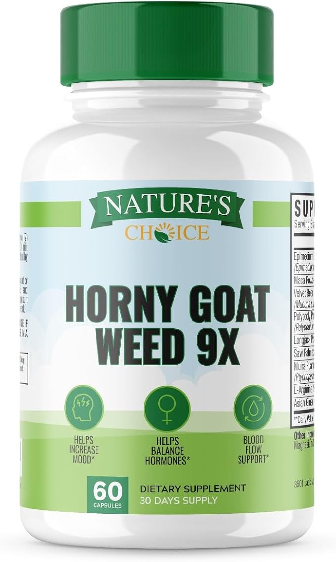 Nature's Choice - Horny Goat Weed 9x Active Ingredients for Blood Flow, Hormone Balance, Energy & Stamina - L-Arginine, Longjack, Saw Palmetto + 6 More Ingredients - 3rd Party Tested - 60 Capsules