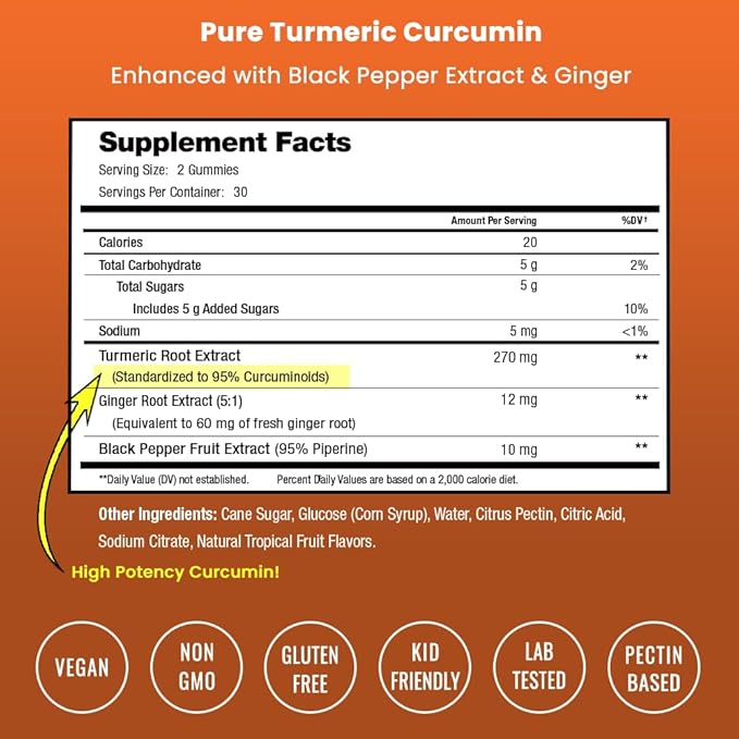 Turmeric Gummies for Adults & Kids with Ginger & Black Pepper Extract | 95% Curcuminoids | Vegan Natural Curcumin Joint Support | 120 Tumeric Gummy Supplements (2-Pack of 60)