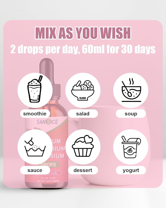 Calcium Magnesium Potassium Supplements,Magnesium Glycinate 400mg Zinc MultiVitamin Drops Calcium Magnesium Supplement High Absorption Vegan Non GMO (60ml/Strawberry Flavor)