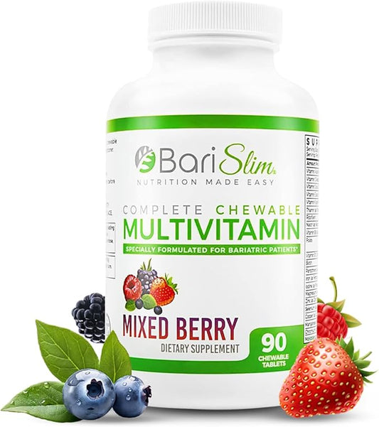 BariSlim Complete Chewable Bariatric Multivitamin Tablets - 45 mg Iron - Bariatric Vitamin & Supplement for Post Bariatric Surgery Including Gastric Bypass & Gastric Sleeve | Mixed Berry (90 Count)