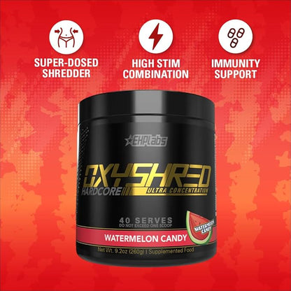 EHP Labs OxyShred Hardcore Super Dosed Pre Workout Powder - Preworkout Powder with L Glutamine & Acetyl L Carnitine, Energy Boost Drink - 275mg of Caffeine - Watermelon Candy, 40 Servings
