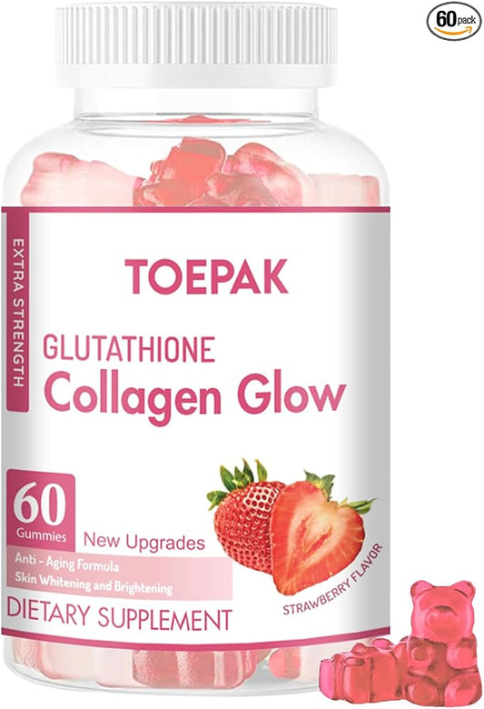 Glutathione Collagen Glow Gummies for Women, Glow Beauty Collagen Anti-Aging brightens Skin Tone & Reduces Fine Lines Wrinkles, Strawberry Flavor, 60 Gummies, 30 Servings (30 Days)