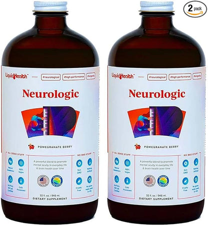 LIQUIDHEALTH Brain Booster Neurologic Liquid Vitamins Memory Focus Concentration Support for Adults, Learning Healthy Cognitive Alertness Multivitamins Brain Food 32 Fl Oz (2 Pack)