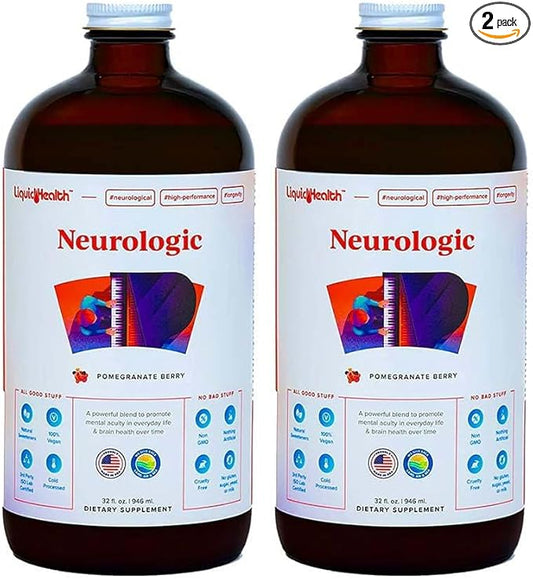 LIQUIDHEALTH Brain Booster Neurologic Liquid Vitamins Memory Focus Concentration Support for Adults, Learning Healthy Cognitive Alertness Multivitamins Brain Food 32 Fl Oz (2 Pack)