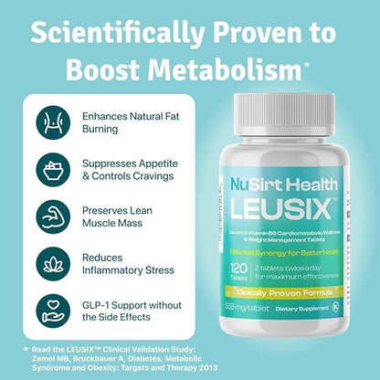 LEUSIX by NuSirt Health – GLP-1 Complement for Weight Management & Metabolic Support - Clinically Tested Patented Supplement with Leucine & Vitamin B6 | 588mg Tablets (120 Ct. – 1 Month Supply)