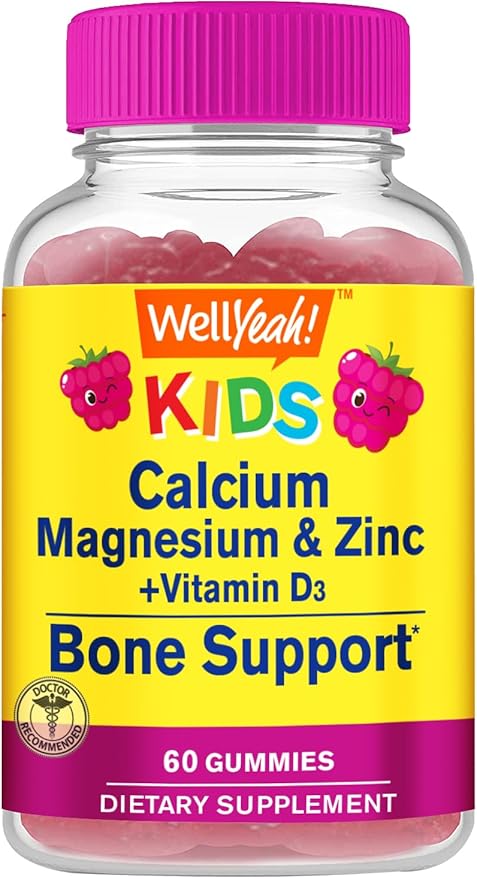 Kid's Calcium, Magnesium, Zinc + Vitamin D3 Gummies by WellYeah | Bone, Muscle and Nerve Health Support, Immune Support | for Men and Women | Gluten Free, Non GMO | Raspberry Flavor | 60 Count