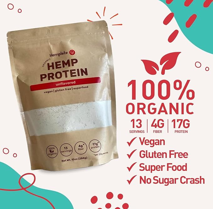 Organic Hemp Heart Unflavored Vegan Protein Powder, Plant-Based for Balanced Nutrition, All-Natural, 1 Ingredient, No Artificial Ingredients, Easy to Digest & Mix (10oz)