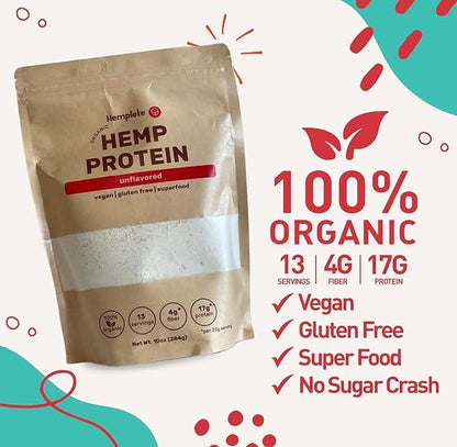 Organic Hemp Heart Unflavored Vegan Protein Powder, Plant-Based for Balanced Nutrition, All-Natural, 1 Ingredient, No Artificial Ingredients, Easy to Digest & Mix (10oz)